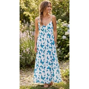 NWT MSRP $98 Blue Butterfly Maxi Dress Medium 100% Cotton Be Boho Smocked Back